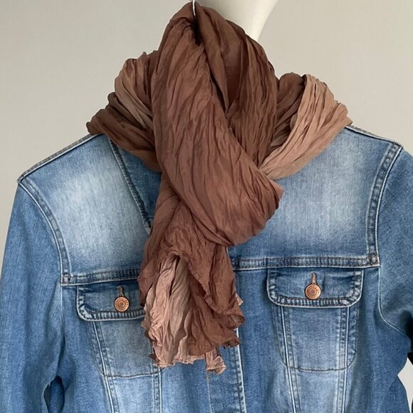 UN DEUX TROIS 100% Silk Scarf Ombré Brown Tan Crinkled 59 x 23 (39) Inches FLAWS - Picture 3 of 11